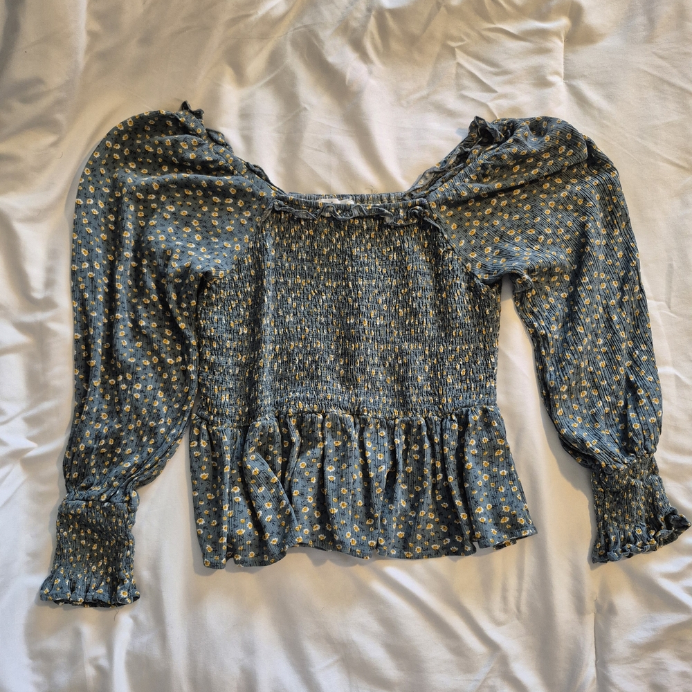 In Bloom Blue/green Floral Smocked Blouse
